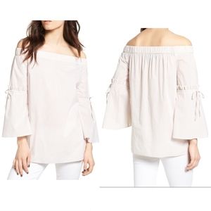 CHELSEA 28 White/Tan Stripes Off-Shoulders Top